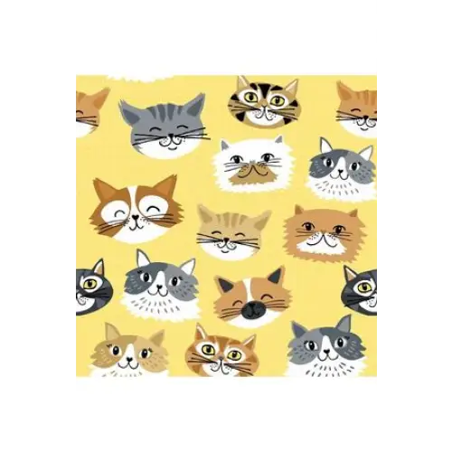 Fabric, A.E. Nathan Fabrics, Yellow Cat Faces Fabric Sold in Multiples of 1/2 M Fabric, A.E. Nathan Fabrics, Yellow Cat Faces Fabric Sold in Multiples of 1/2 M