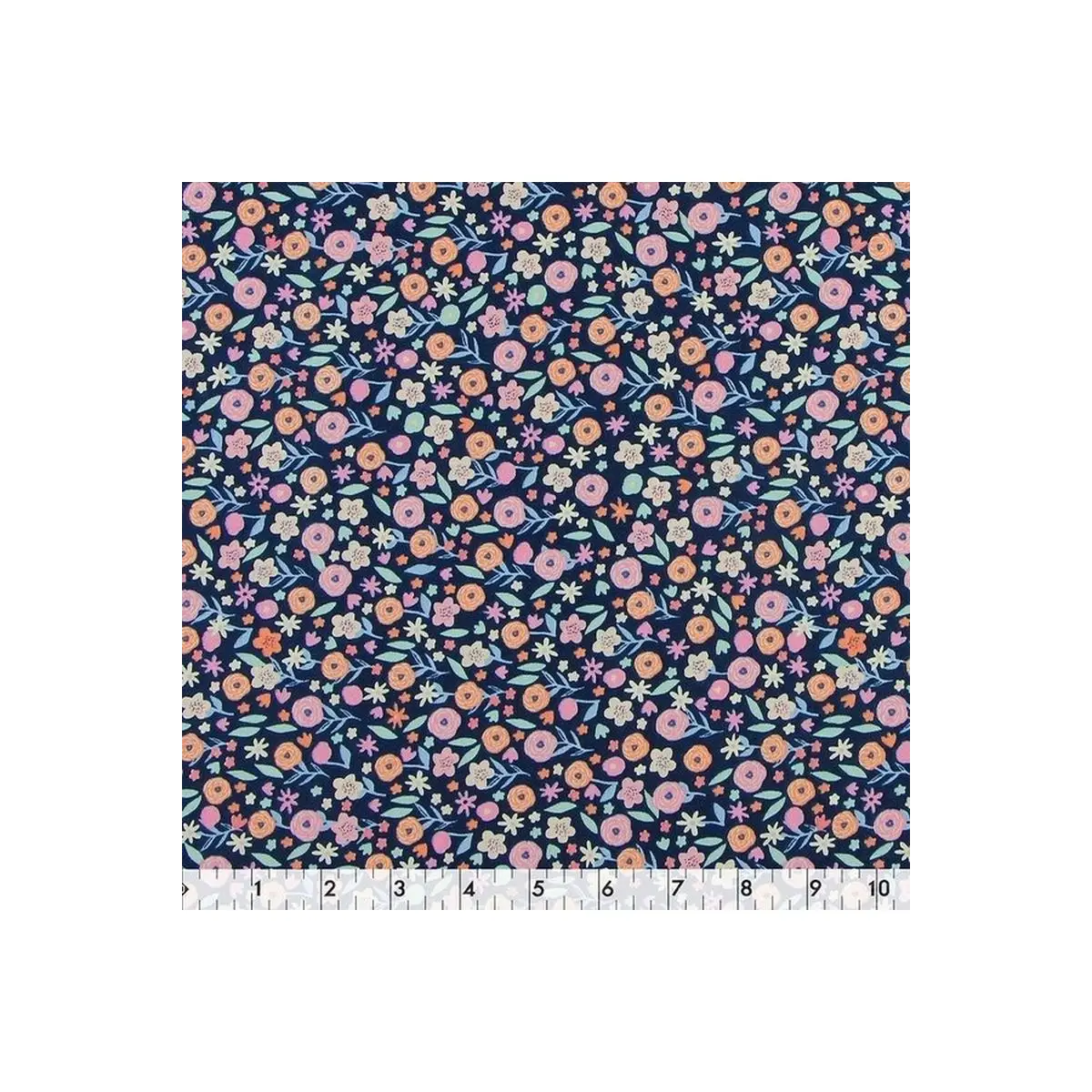 Fabric Creations, Navy Blue with Small Peach and Pink Flowers Fabric Creations, Navy Blue with Small Peach and Pink Flowers