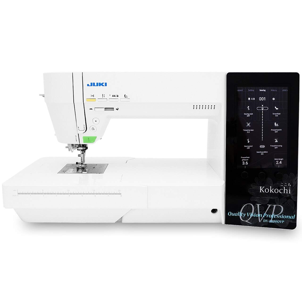 Juki sewing machine with digital display on a white background Juki sewing machine with digital display on a white background