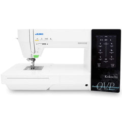 Juki sewing machine with digital display on a white background Juki sewing machine with digital display on a white background