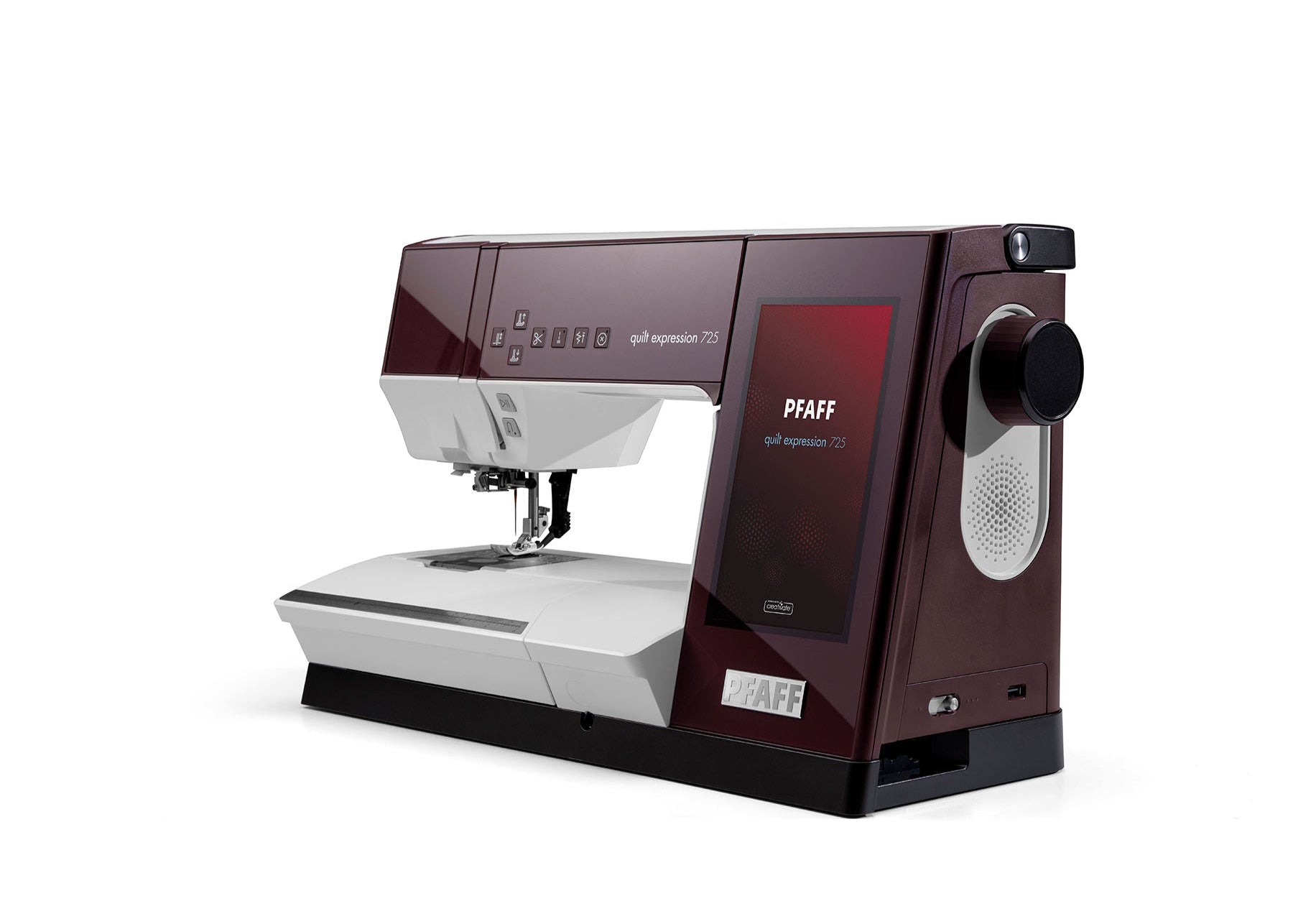 Sewing machine with a maroon and white design on a white background Sewing machine with a maroon and white design on a white background
