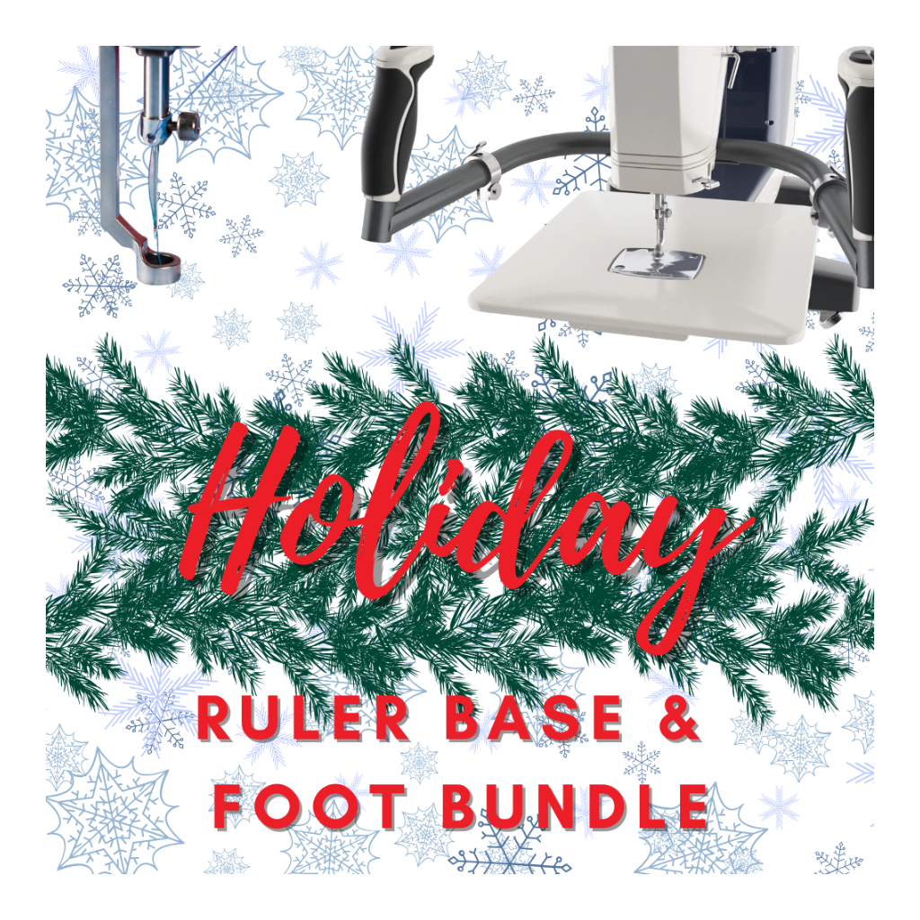 Sewing machine with 'Holiday Ruler Base & Foot Bundle' text on a snowy background with greenery.