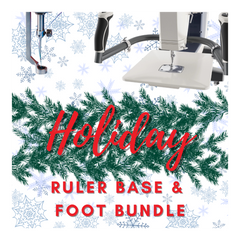 Sewing machine with 'Holiday Ruler Base & Foot Bundle' text on a snowy background with greenery.