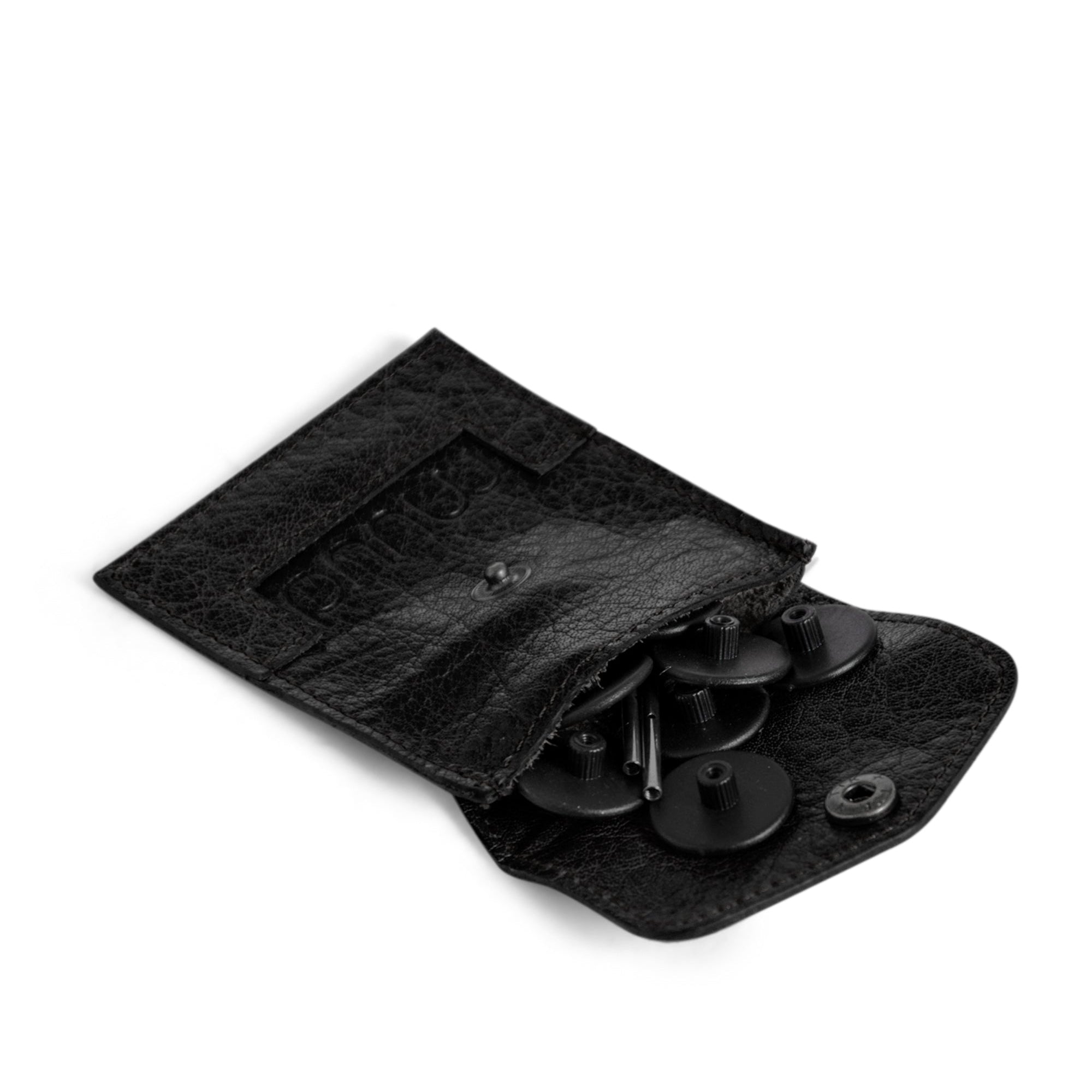 Black leather wallet with coins on a white background
