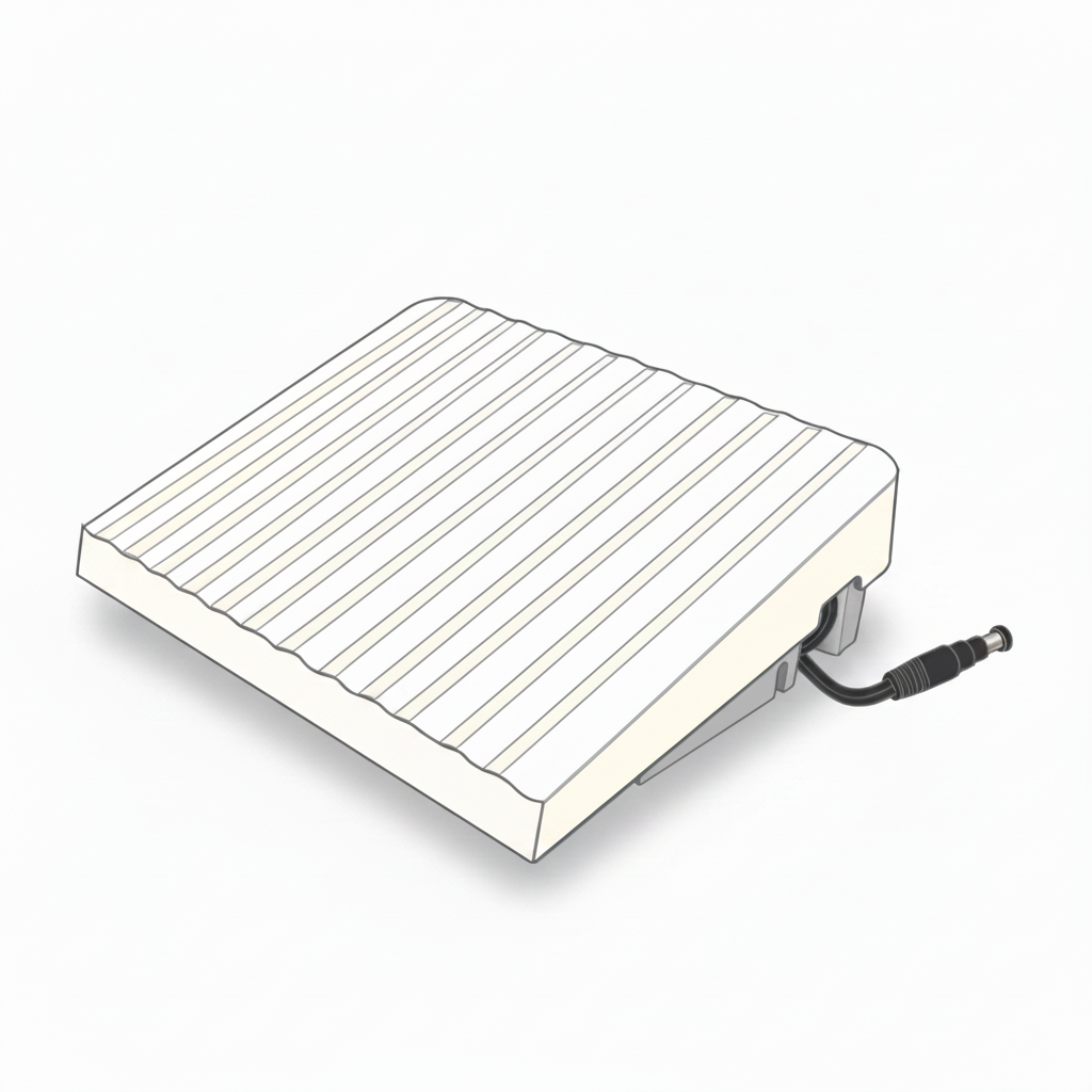 A line drawing of a square electronic device with a ribbed top surface and a attached black cable, shown on a white background with a Husqvarna Viking Genuine Accessories logo in the lower right.