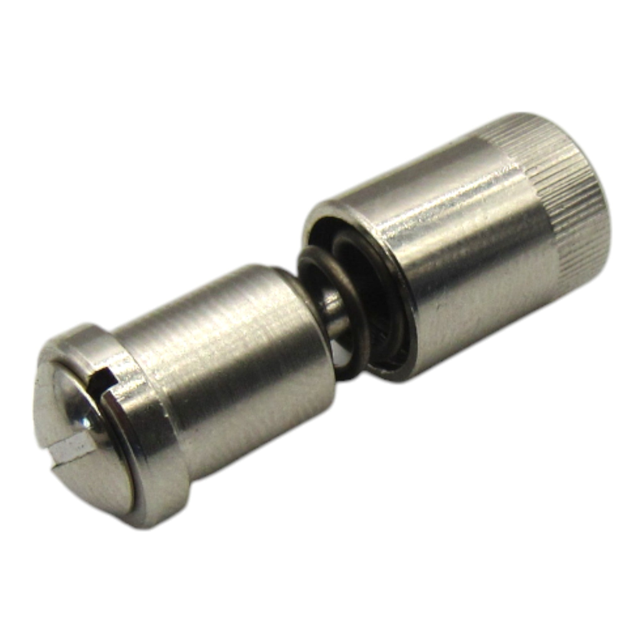 Metallic cylindrical component on a white background