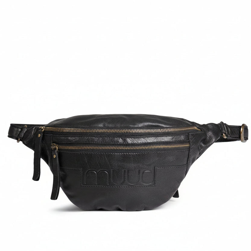 Black waist bag on a white background