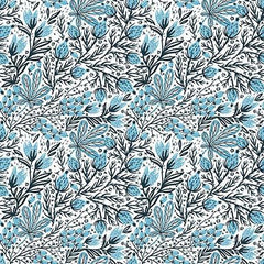 Whimsy-Blue Black and White Foliage (Sold By 1/2 Meter)