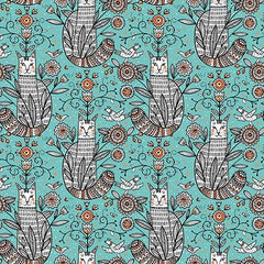 Whimsy - Cats Teal Yardage (Sold By 1/2 Meter)