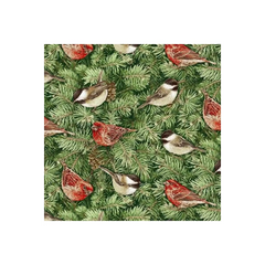 Holiday Botanical Green Birds on Pine Branches