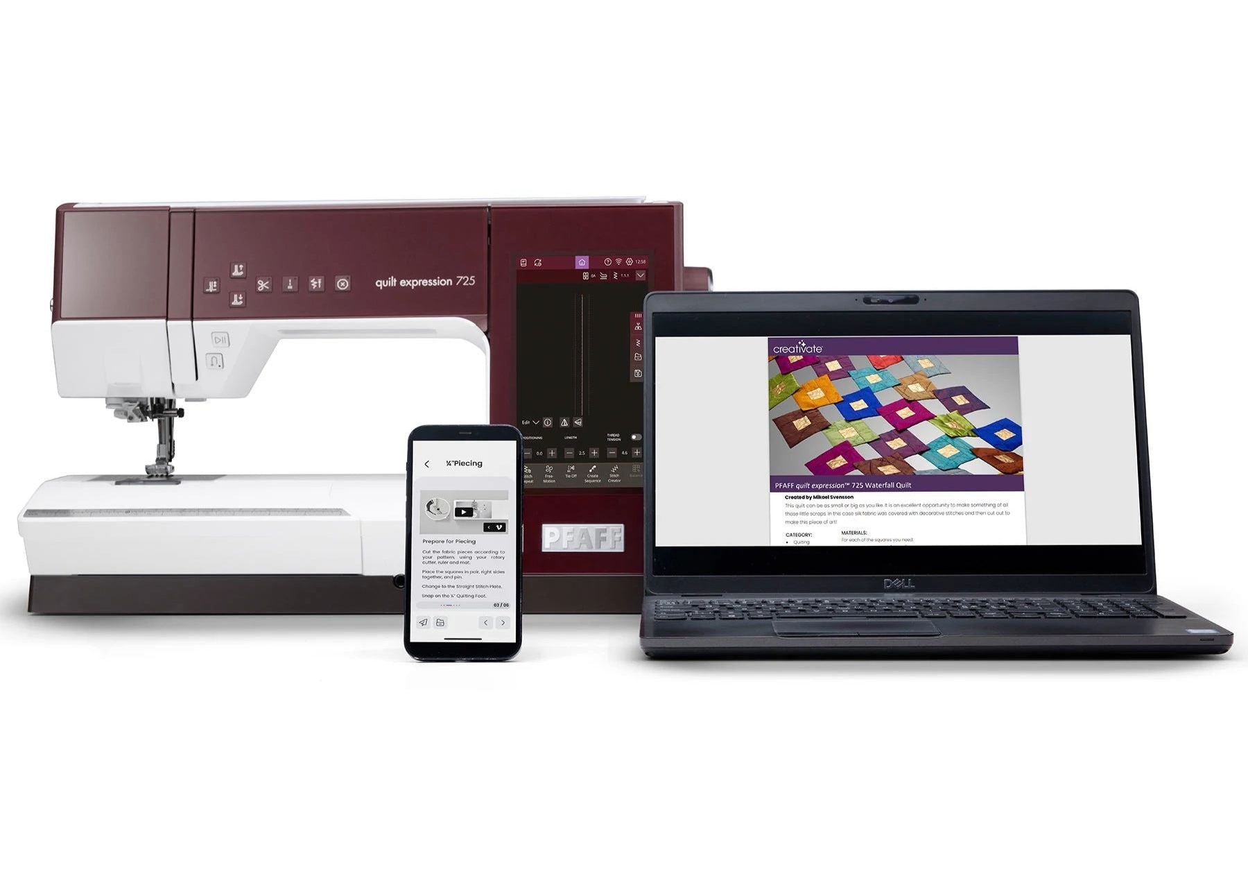 Sewing machine, smartphone, and laptop on a white background