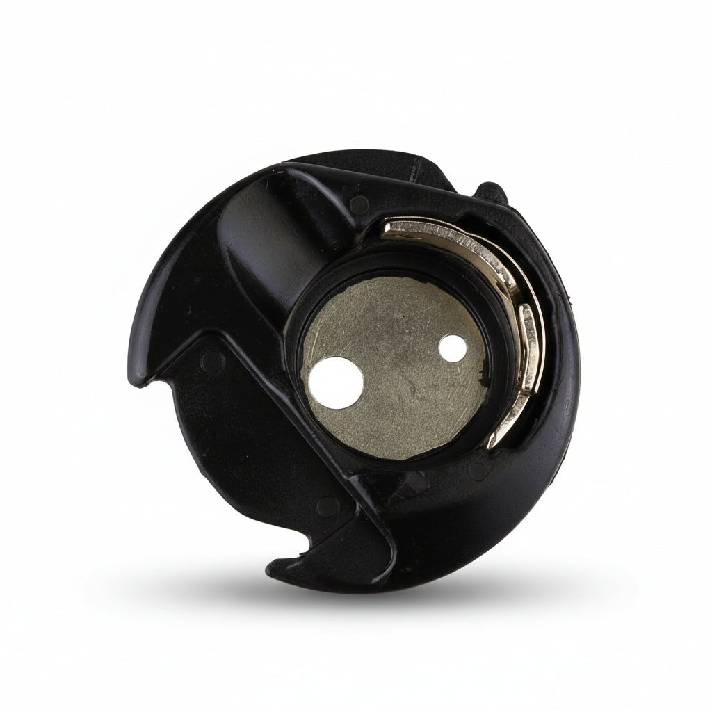 Mechanical component with black housing and metallic interior on a white background