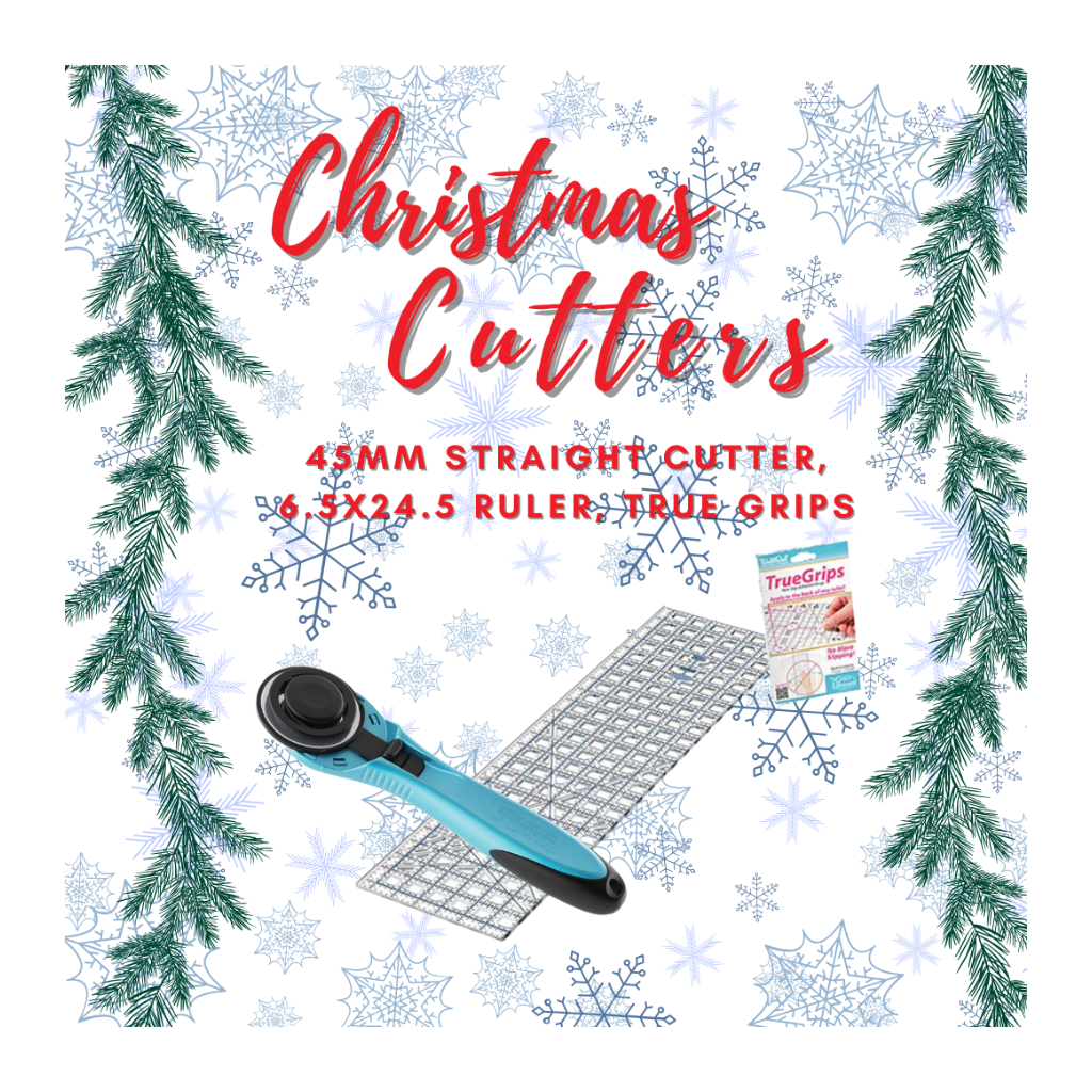 Christmas Cutters set with cutter, ruler, and TrueGrips on a decorative background with trees and snowflakes.