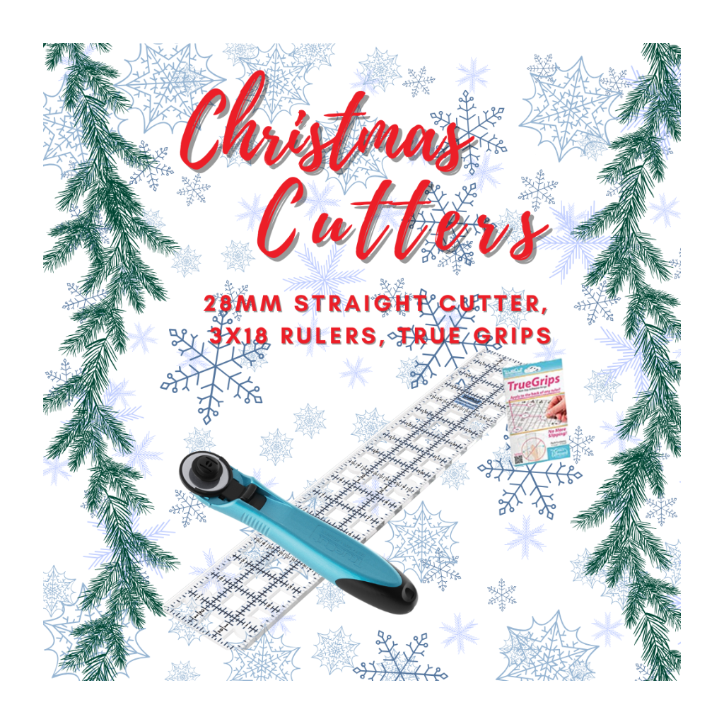 Christmas Cutters set with cutter, rulers, and True Grips on a decorative background with Christmas trees and snowflakes.
