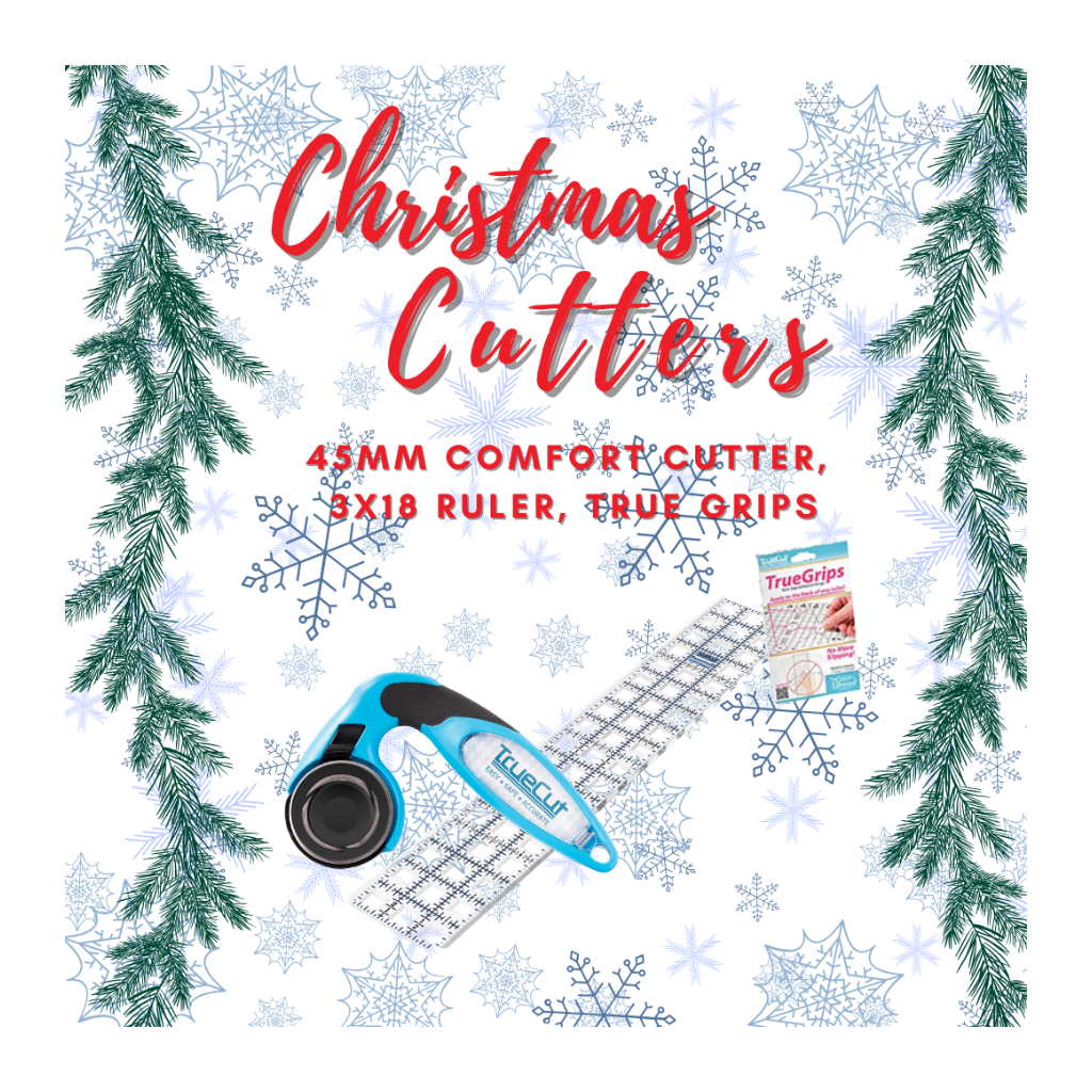 Product packaging for Christmas Cutters with a cutter, ruler, and TrueGrips on a decorative background.