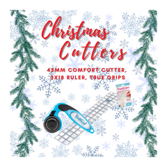 Product packaging for Christmas Cutters with a cutter, ruler, and TrueGrips on a decorative background.