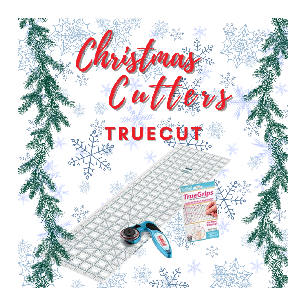 Christmas-themed product image with cutting mat, rotary cutter, and TrueGrips packaging on a snowy background.