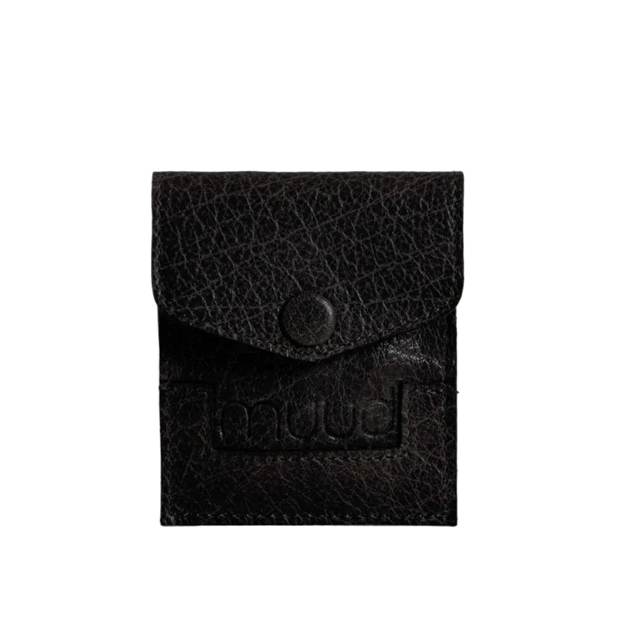 Black leather pouch with a button on a white background