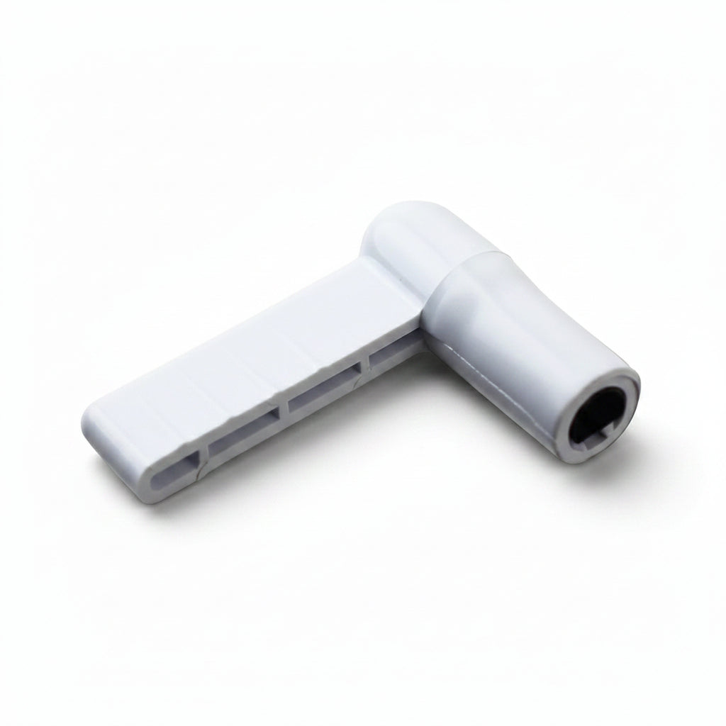 A white plastic 90-degree elbow connector with a flat, rectangular profile on one arm and a threaded opening on the other, shown on a plain white background.