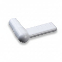A white plastic 90-degree elbow pipe fitting with a ribbed handle, shown on a plain white background.