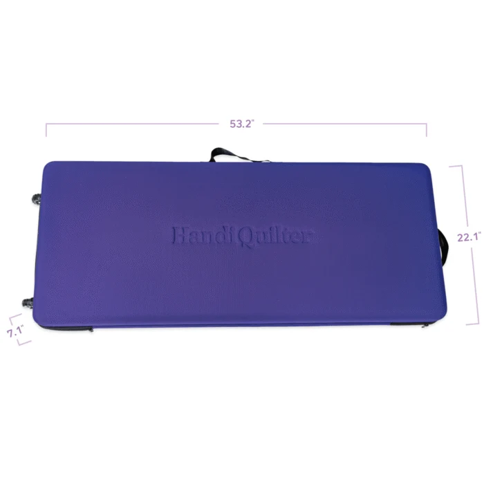 A purple rectangular quilting mat with the brand name 'HandiQuilter' embossed in the center, shown with dimension lines and labels indicating 53.2 inches by 22.