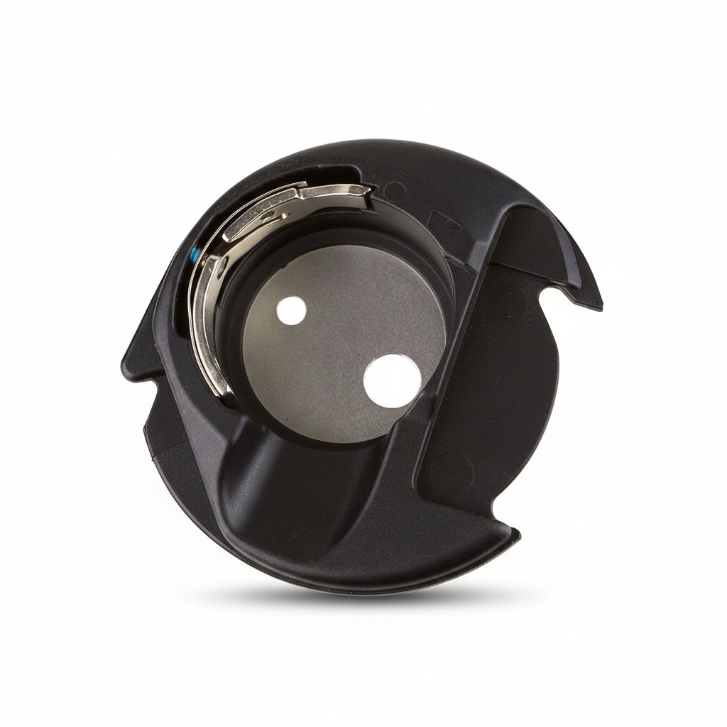 Black mechanical component with metallic inner workings on a white background