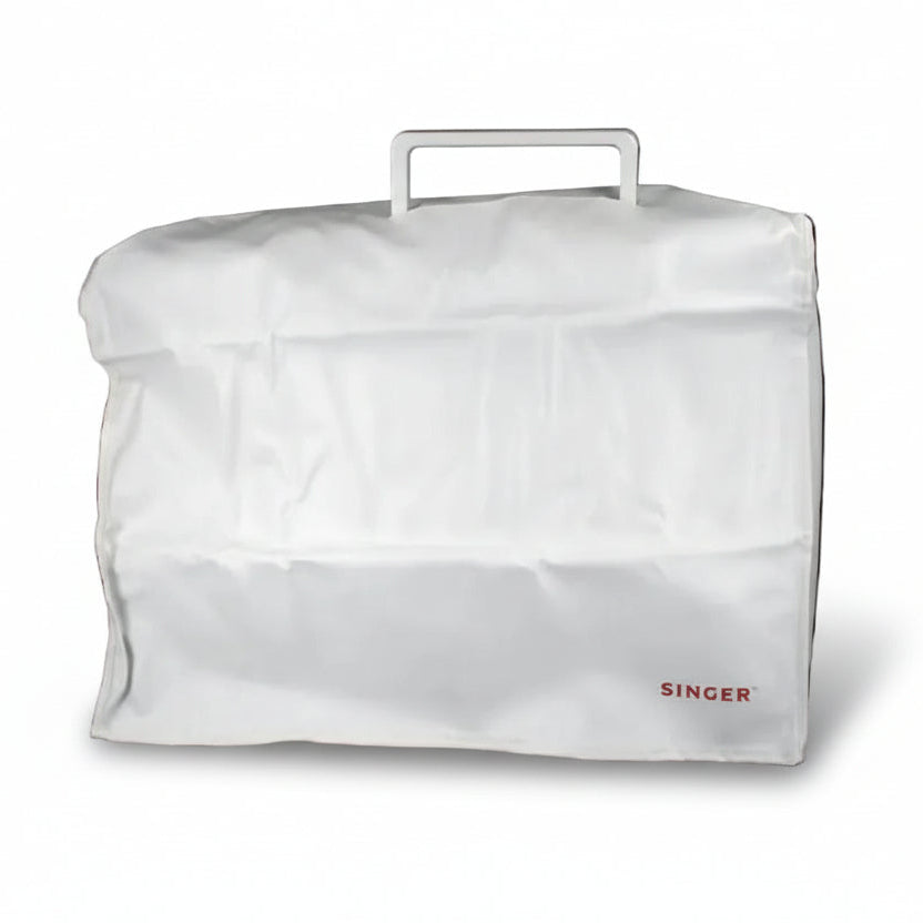 White garment bag with 'Singer' branding on a black background