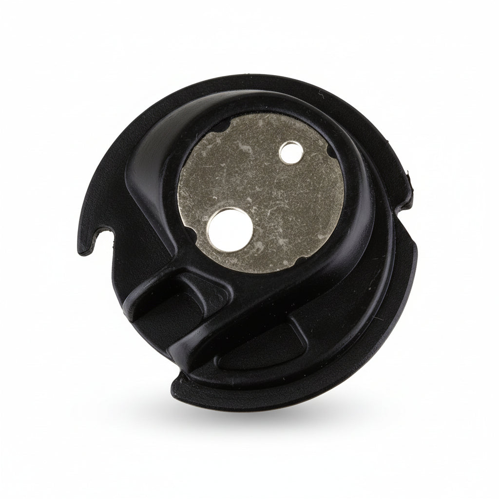 Black mechanical component with central metallic disc on a white background