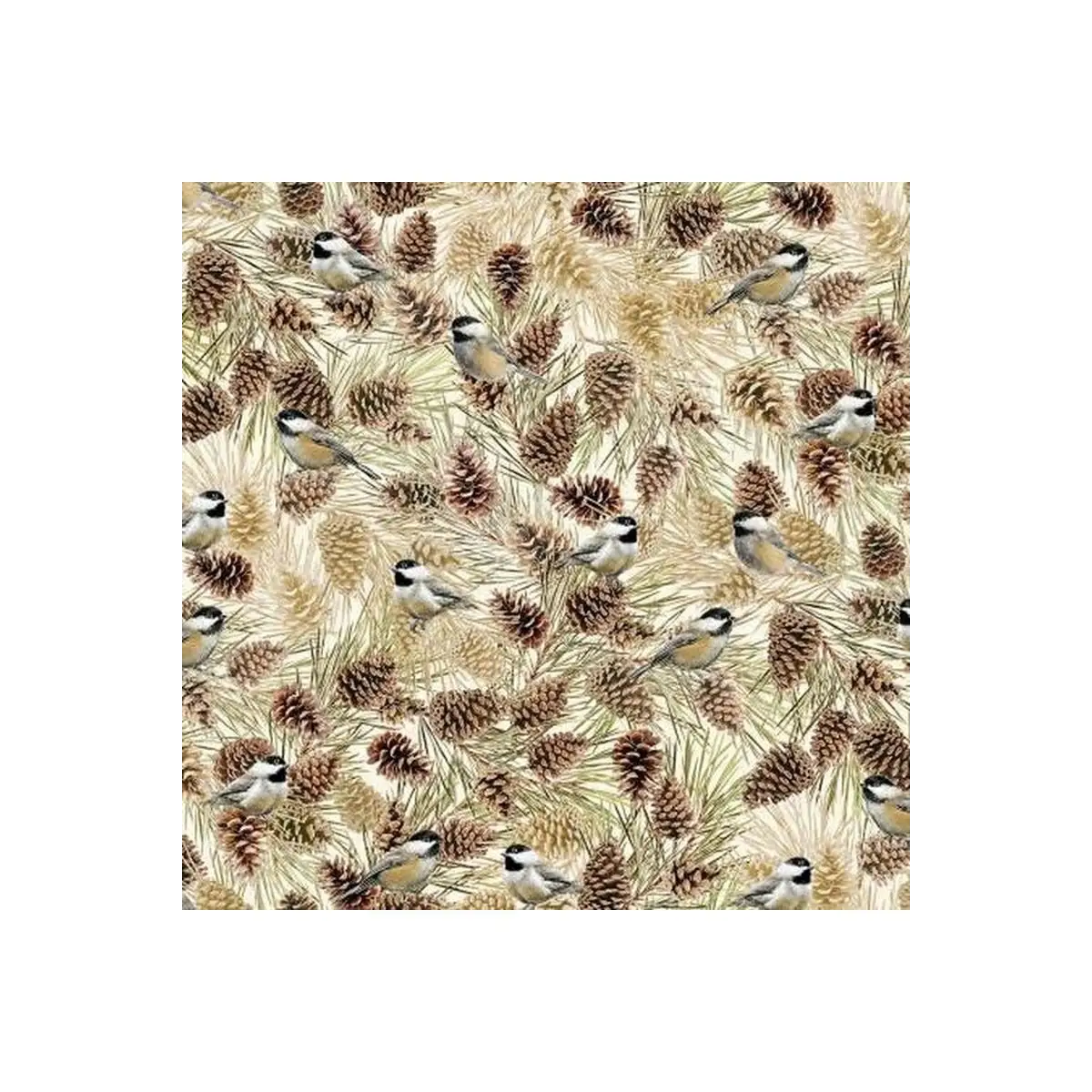 Cream Birds & Pinecones with Metallic 100% Ctton